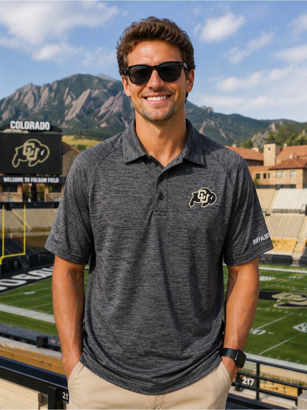 Boulder Colorado Men's Gray Short-Sleeve Polo CU and Buffaloes Logo
